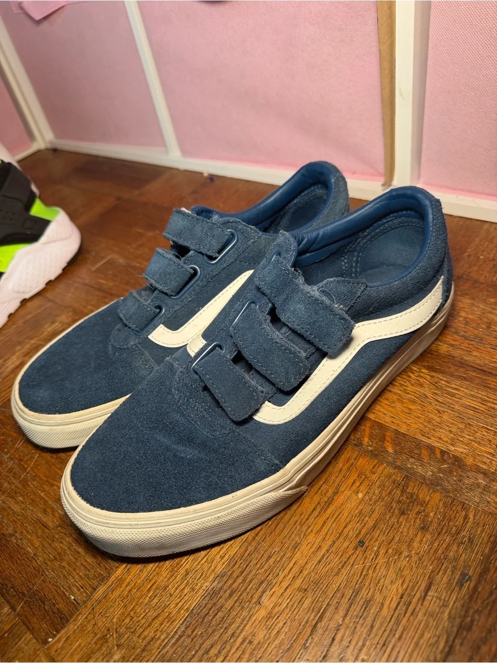 Vans Navy Suede Velcro Sneakers with Cream Side Stripe